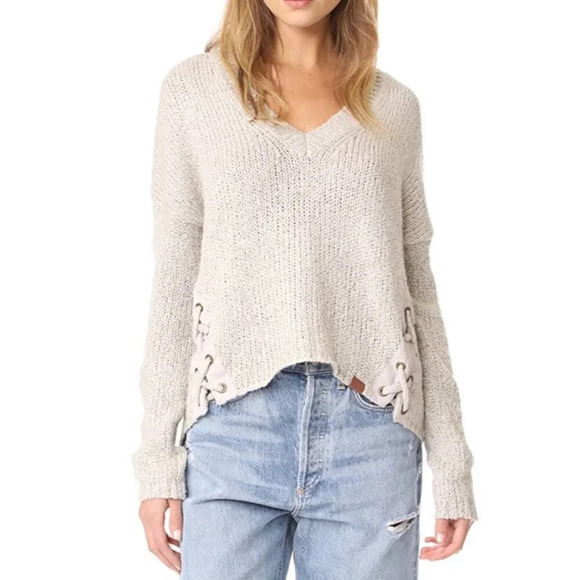 Free People One Teaspoon Saints and Roses Sweater Chunky Knit Lace Up V-neck - Picture 3 of 16